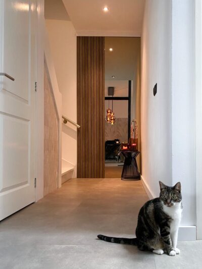 Long miroir en bronze dans un couloir